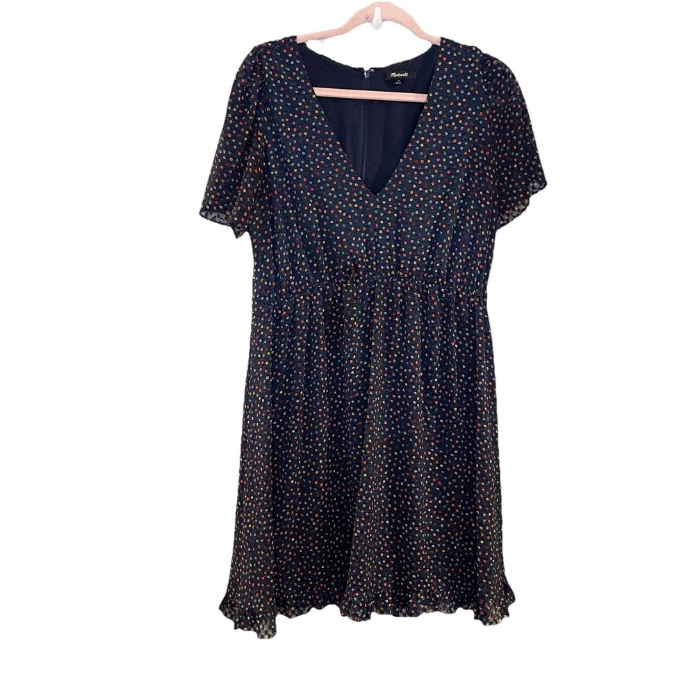 Madewell Flutter Sleeve Ruffle Hem Navy Dress in Sugar Dot  Rainbow - Size 8